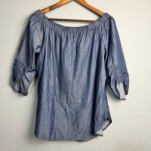 Umgee Women's Small Chambray Off Shoulder Peasant Top Boho Tunic Puff‎ Sleeve